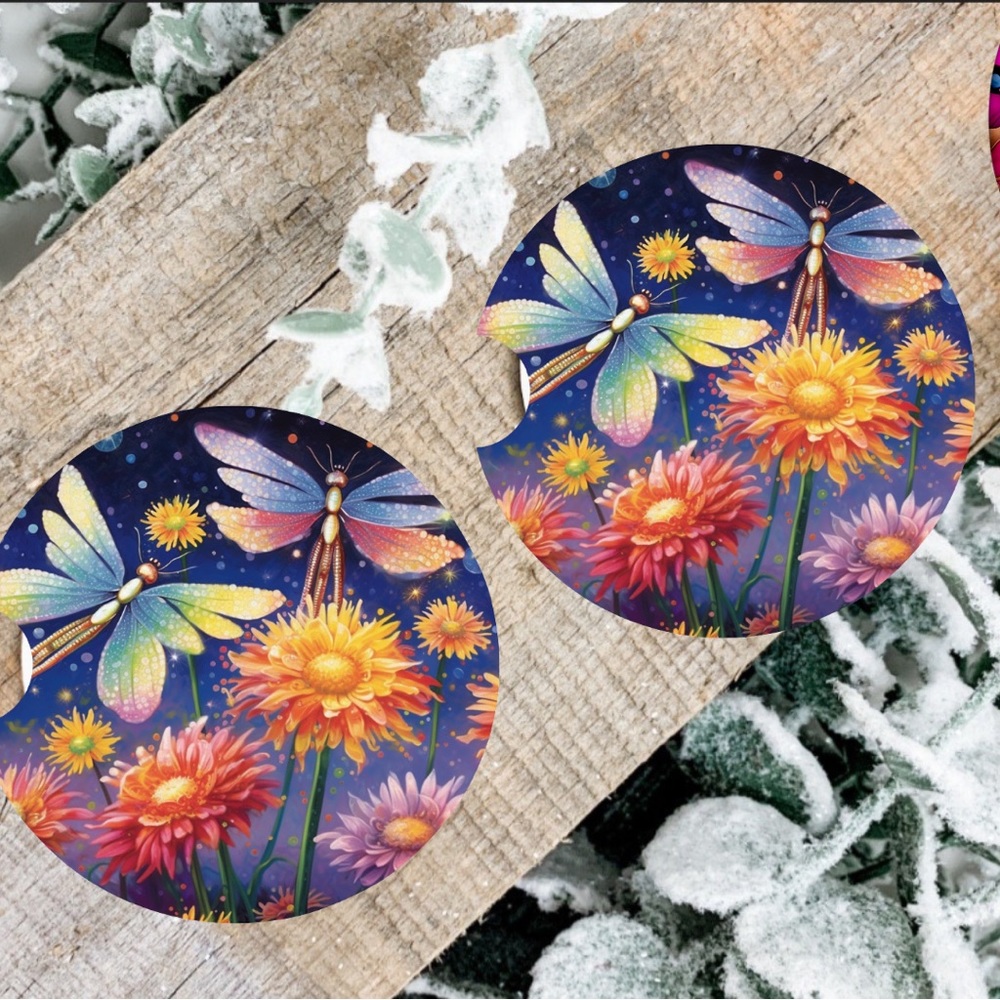 Handmade Dragonflies Car Coasters | New Set Of Two Sublimated Car Coasters